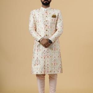 Alluring Beige Floral Thread Embroidered Sherwani for Men | Father Son Combo | Perfect Groom Wear